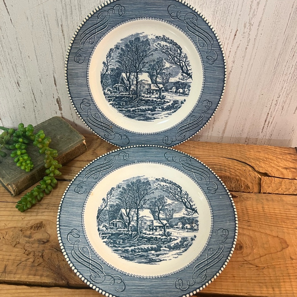Vintage Currier Ives plate the old grist mill blue white 9” plate replacement